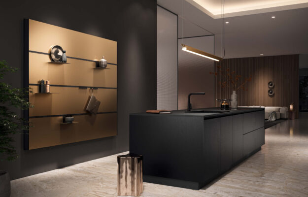 Moderne Häcker Küche mit schwarzer Kochinsel und edlen Bronze-Akzenten im Design